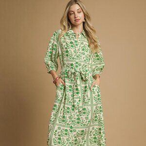 Umgee Floral Print Button-Front Midi Dress Green Cream 3/4 Sleeves Pockets Large